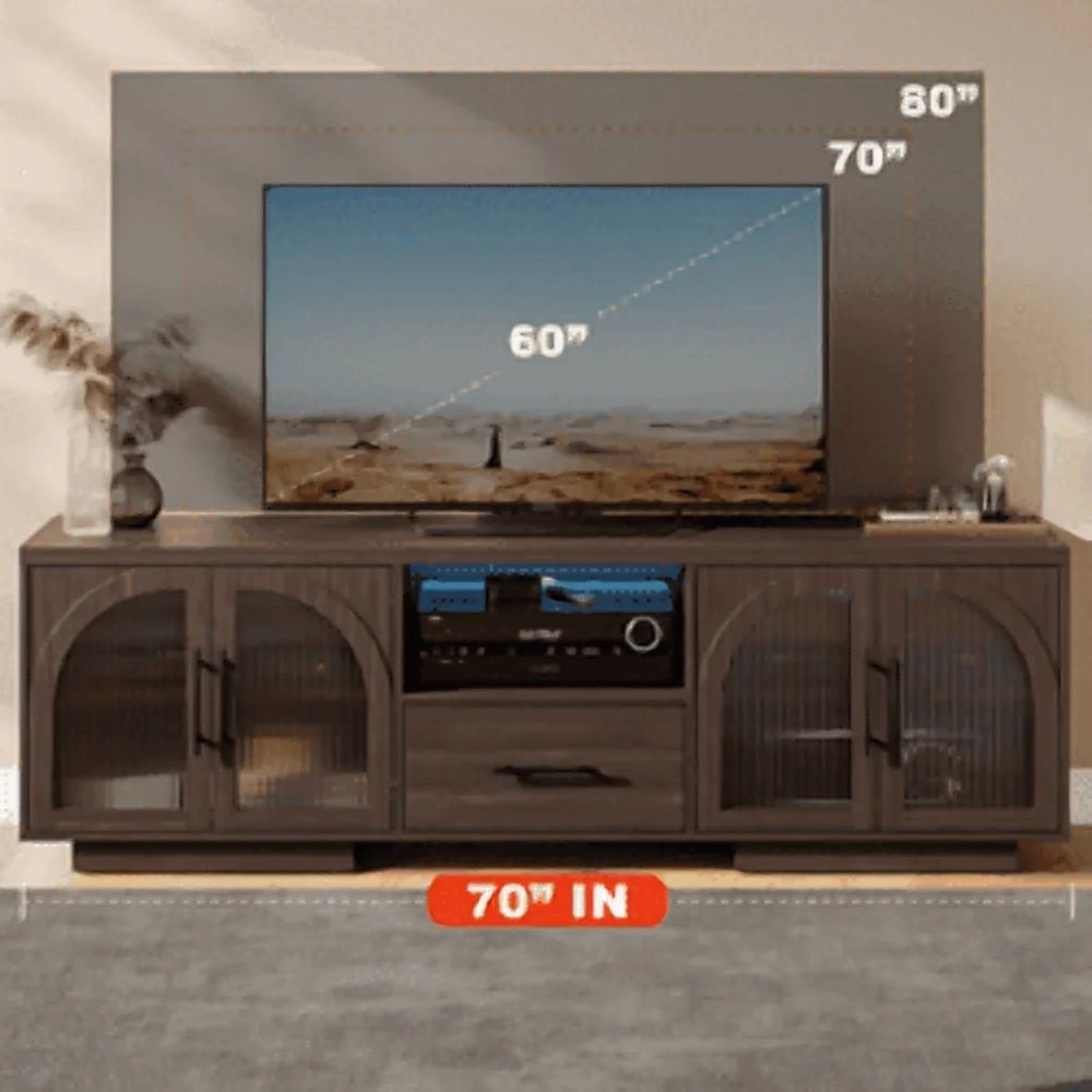 TV Stand for 75 inch TV. LED TV Stand for Living Room.70 Entertainment Center with Arched Glass Doors. Faux Marble Wood Finish Top. Adjustable Shelves. and LED Lighting. Black