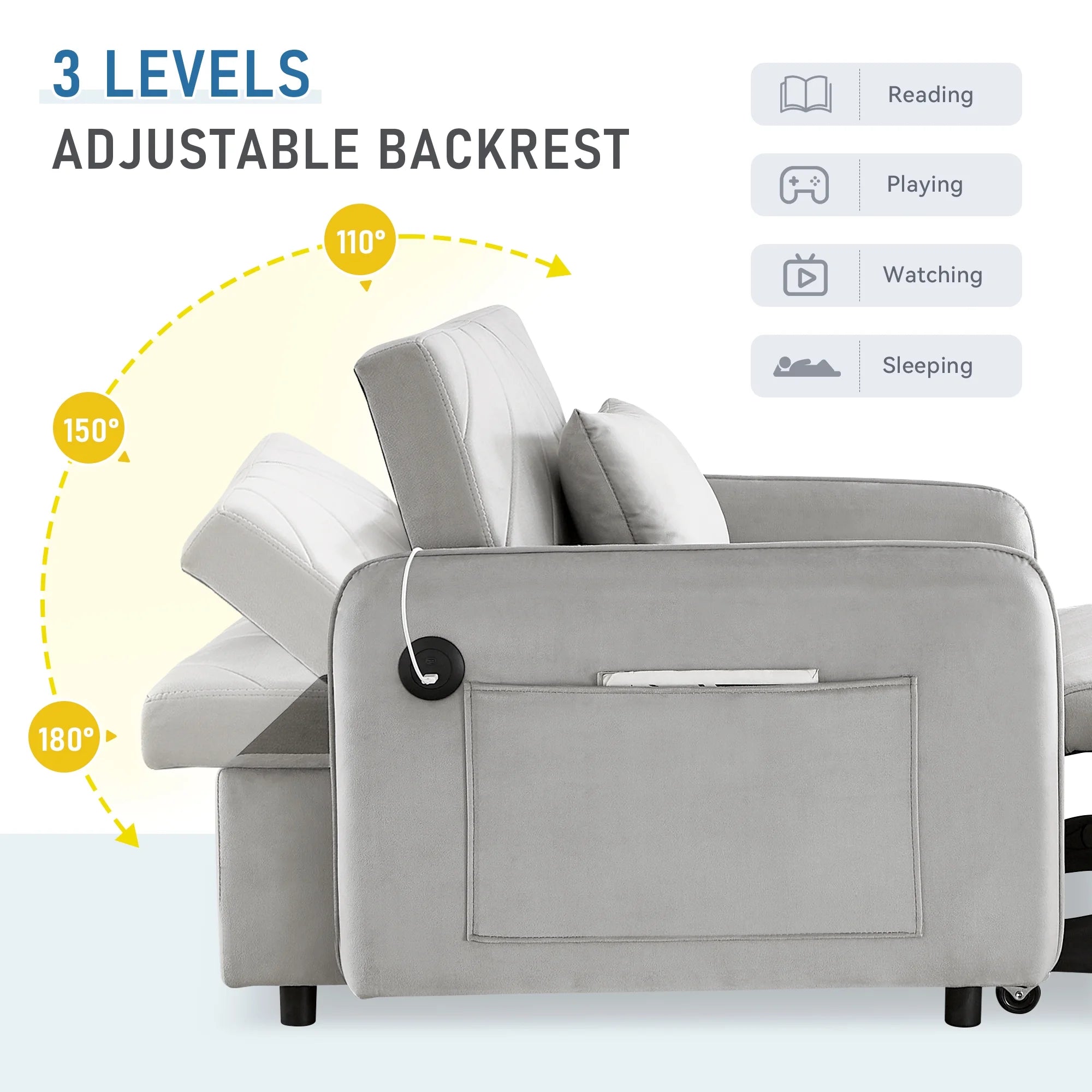 Lunale 3-in-1 Convertible Sleeper Chair Bed. Indoor Lounge Chair with USB/Type-C Charging Ports. Modern Recliner Sofa for Living Room. Gray Velvet