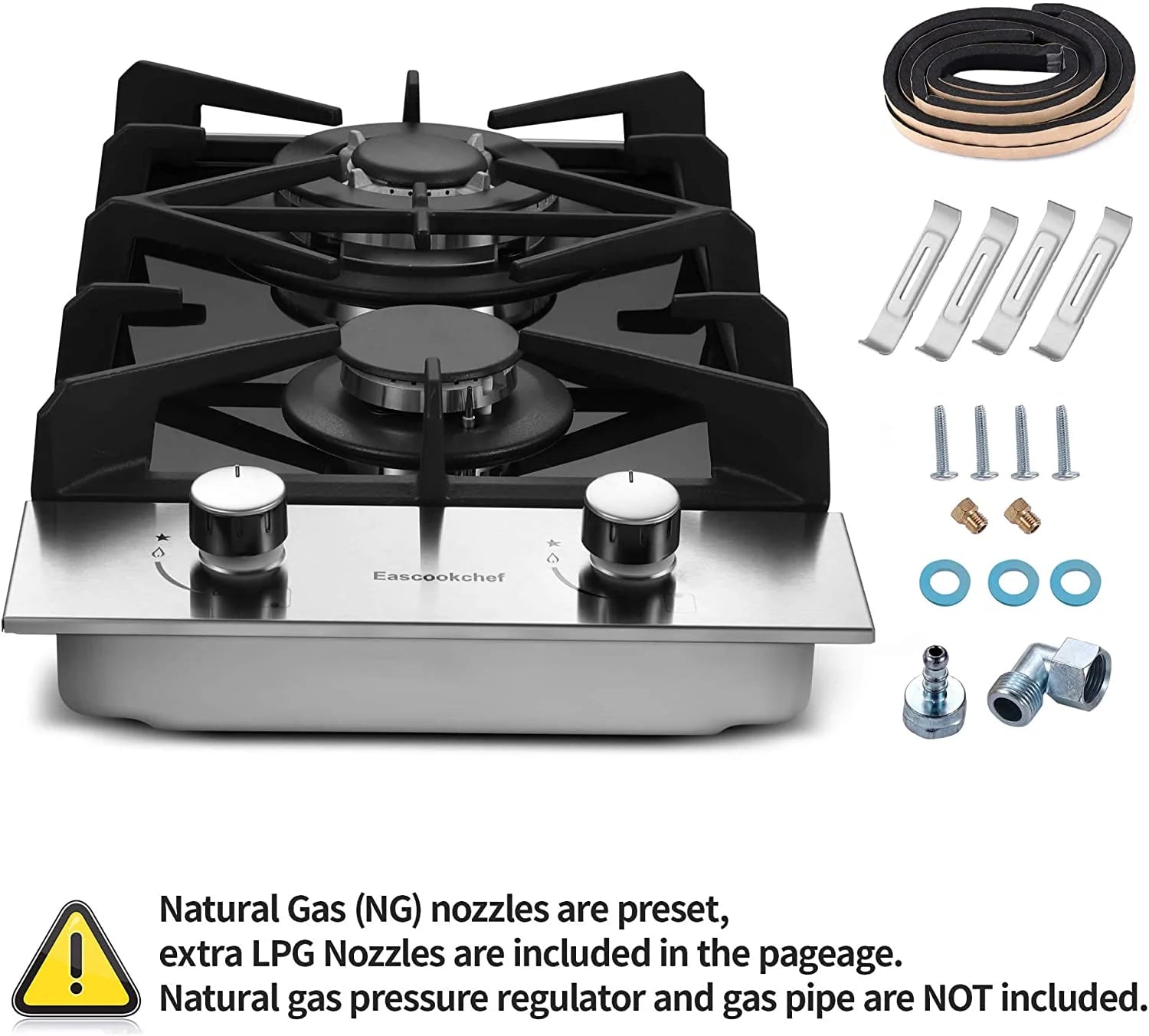 Gas Cooktop 12 inch Eascookchef Bulit-in Gas Stove Top 2 Burners NG/LPG Convertible Dual Burners