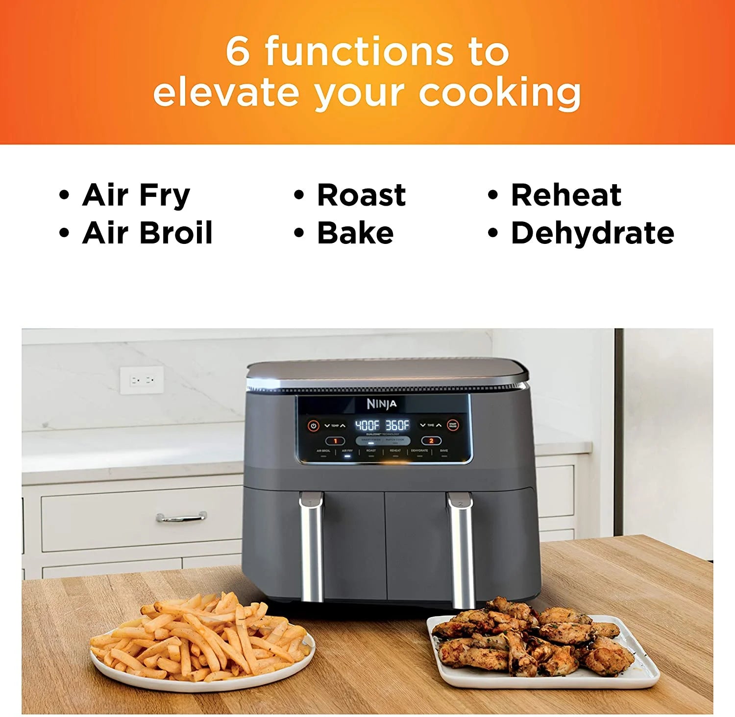 Restored Ninja DZ201 Foodi 6-in-1 2-Basket Air Fryer with DualZone Technology. 8-Quart Capacity. and a Dark Grey Stainless Finish (Refurbished)
