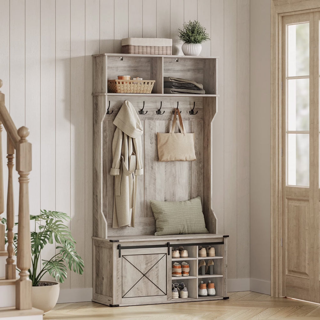 Hall Tree. Coat Rack with Shoe Bench. Entryway Furniture. Tri-Hooks. Rustic White and Honey Brown