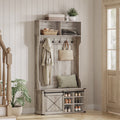Hall Tree. Coat Rack with Shoe Bench. Entryway Furniture. Tri-Hooks. Rustic White and Honey Brown