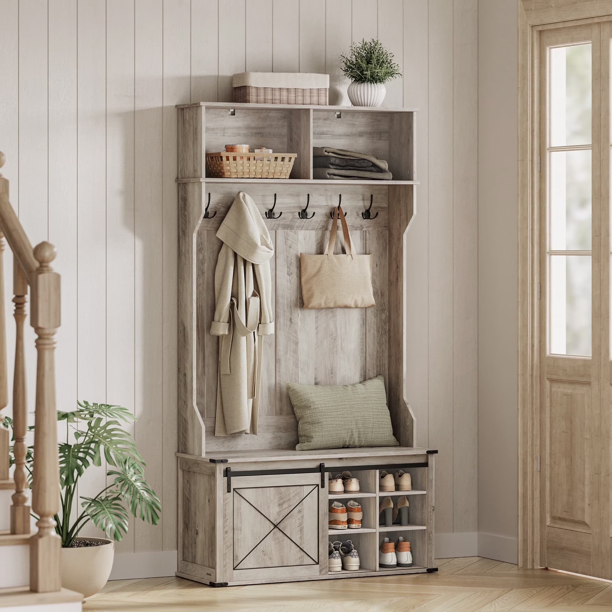 Hall Tree. Coat Rack with Shoe Bench. Entryway Furniture. Tri-Hooks. Rustic White and Honey Brown