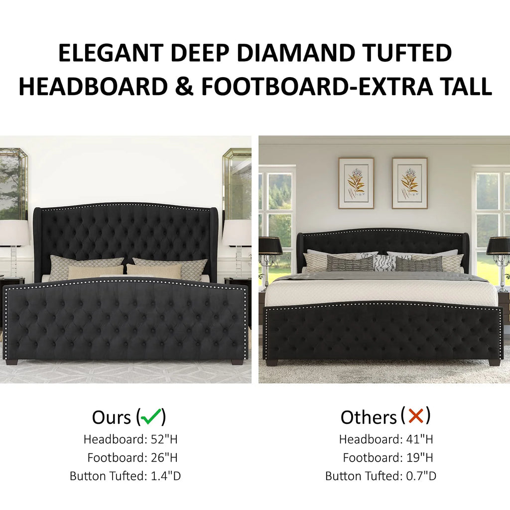 VANACC Queen Size Bed Frame. Velvet Upholstered Bed with Deep Button Tufted Wingback Headboard��Grey