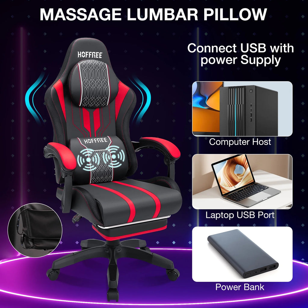 HOFFREE Big and Tall Gaming Chair with Speakers and RGB Lights. Gamer Chair with Footrest. Lumbar Support Height Adjustable 360-Swivel Seat and Headrest for Adults. 400lbs