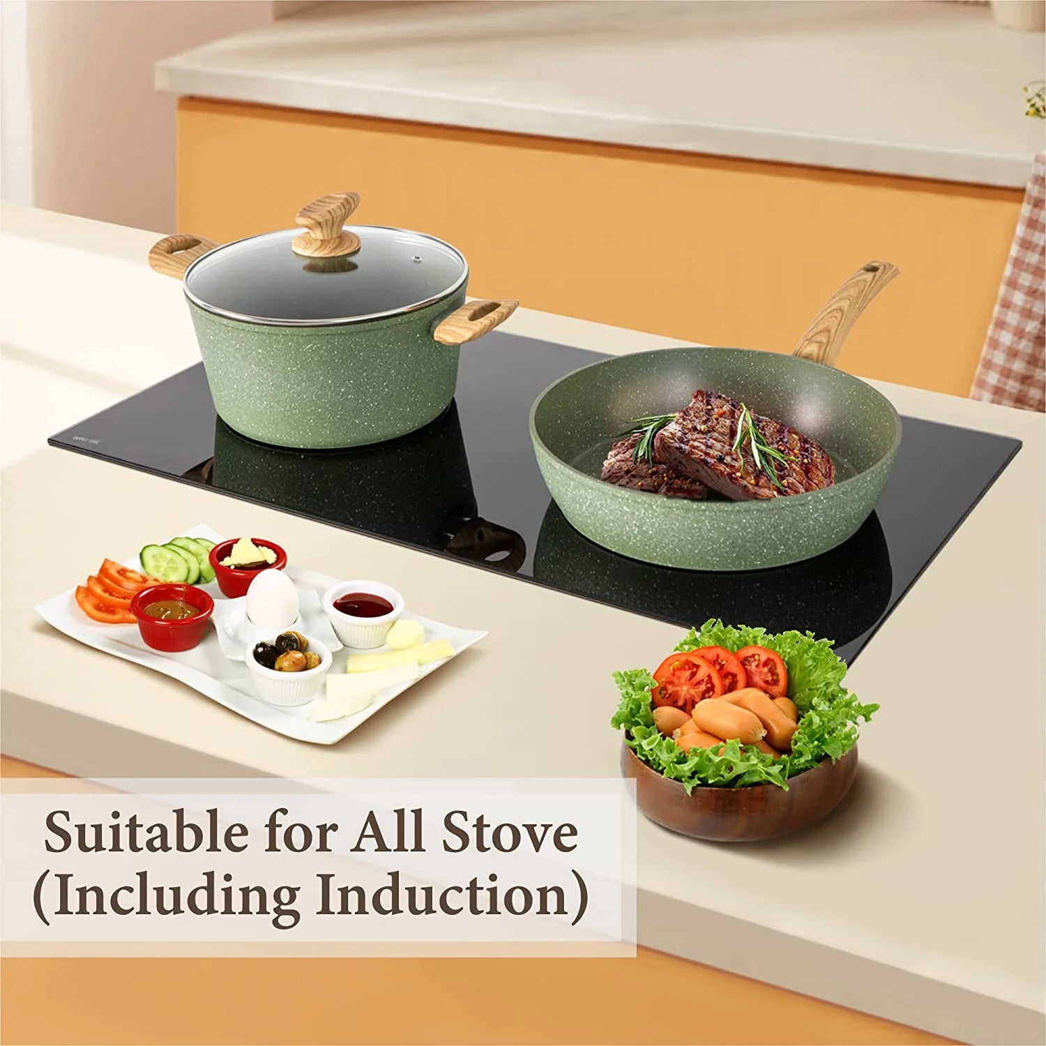 Kitchen Academy 17 Pieces Induction Cookware Set with Griddle. Green Granite Pots and Pans Set Non Stick. Healthy Nonstick Cooking Pans Set