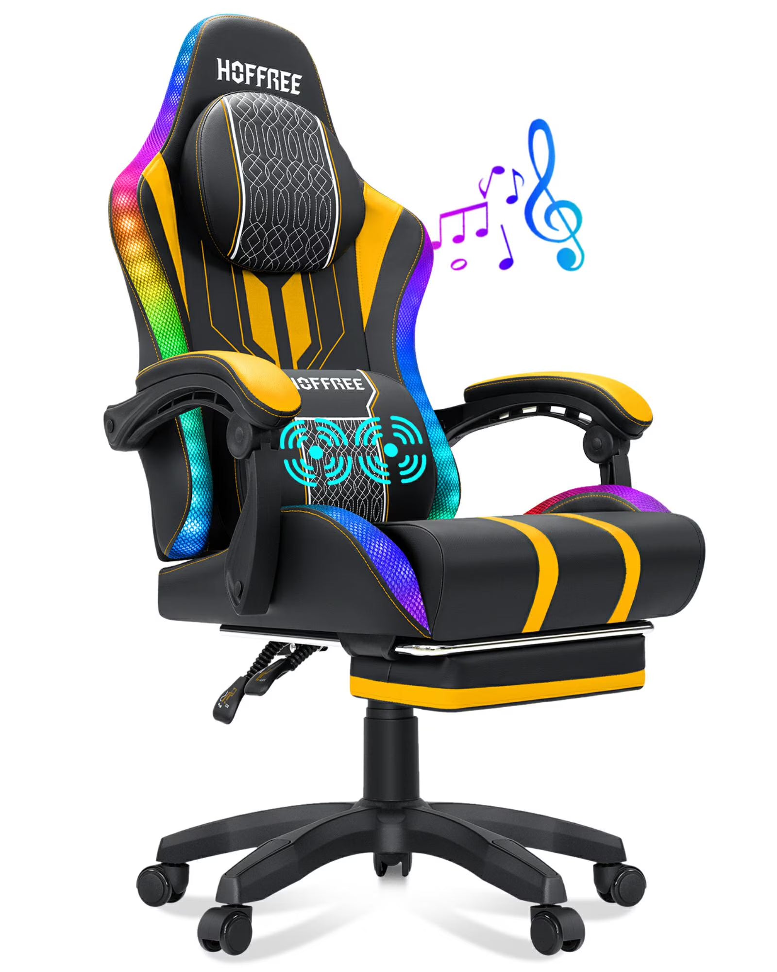 HOFFREE Big and Tall Gaming Chair with Speakers and RGB Lights. Gamer Chair with Footrest. Lumbar Support Height Adjustable 360-Swivel Seat and Headrest for Adults. 400lbs