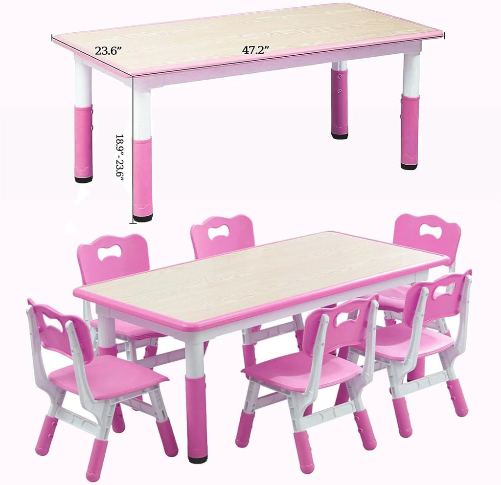 TROPOW Kids Table and Chairs.Height Adjustable Toddler Table and 6 Chair.Multi-Activity Table with Graffiti Desktop Non-Slip Legs for Ages 2-10.Children Activity Table for Daycare.Classroom.Blue