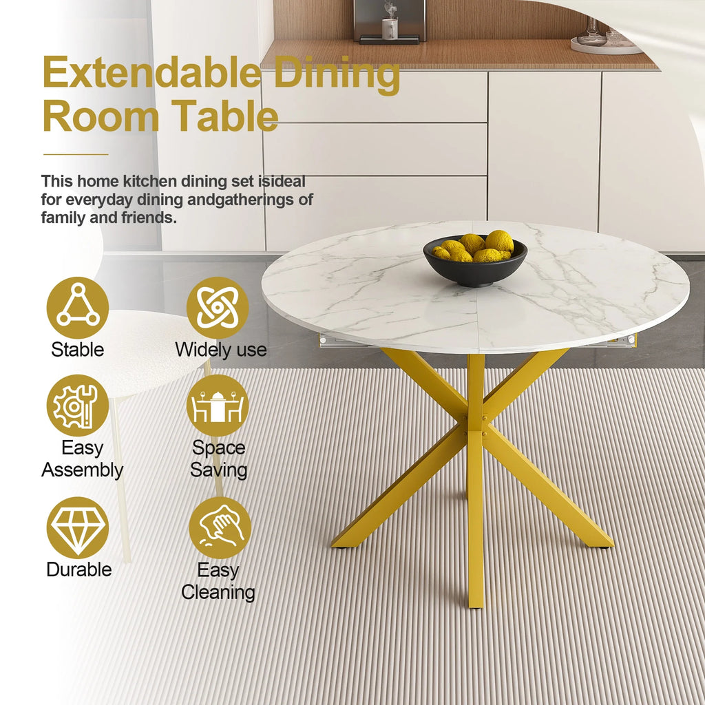 UHOMEPRO Extendable Dining Table with Extendable Blades. Modern Round Kitchen Table with Faux Marble Tabletop. Single Dining Room Table with Carbon Steel X-shaped Base for Dining Room. White+Gold