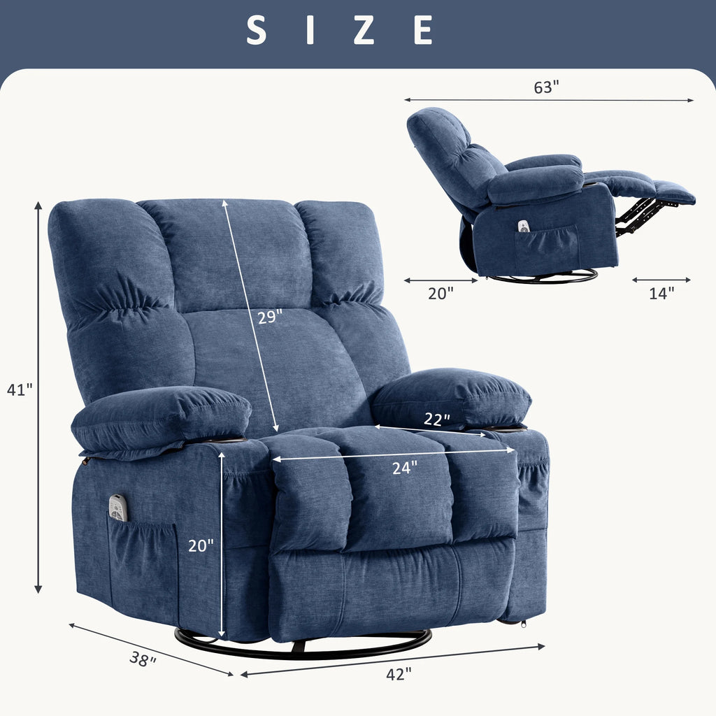 JONPONY Manual Recliner Chair with Heat Therapy and Massage Function. Heavy Duty Reclining Mechanism Massage Chair. Elderly Single Rocker Sofa with Cup Holders for Bedroom Home Theater.Grey