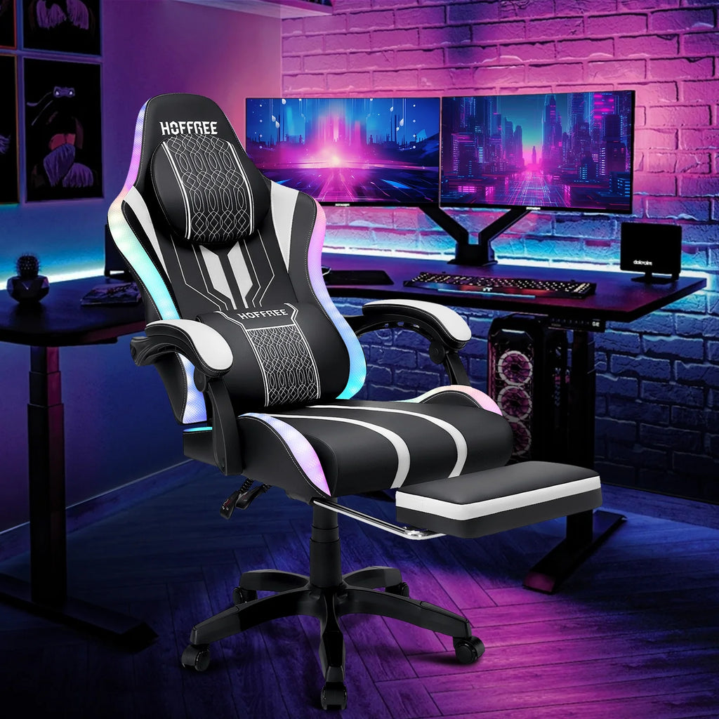 HOFFREE Big and Tall Gaming Chair with Speakers and RGB Lights. Gamer Chair with Footrest. Lumbar Support Height Adjustable 360-Swivel Seat and Headrest for Adults. 400lbs