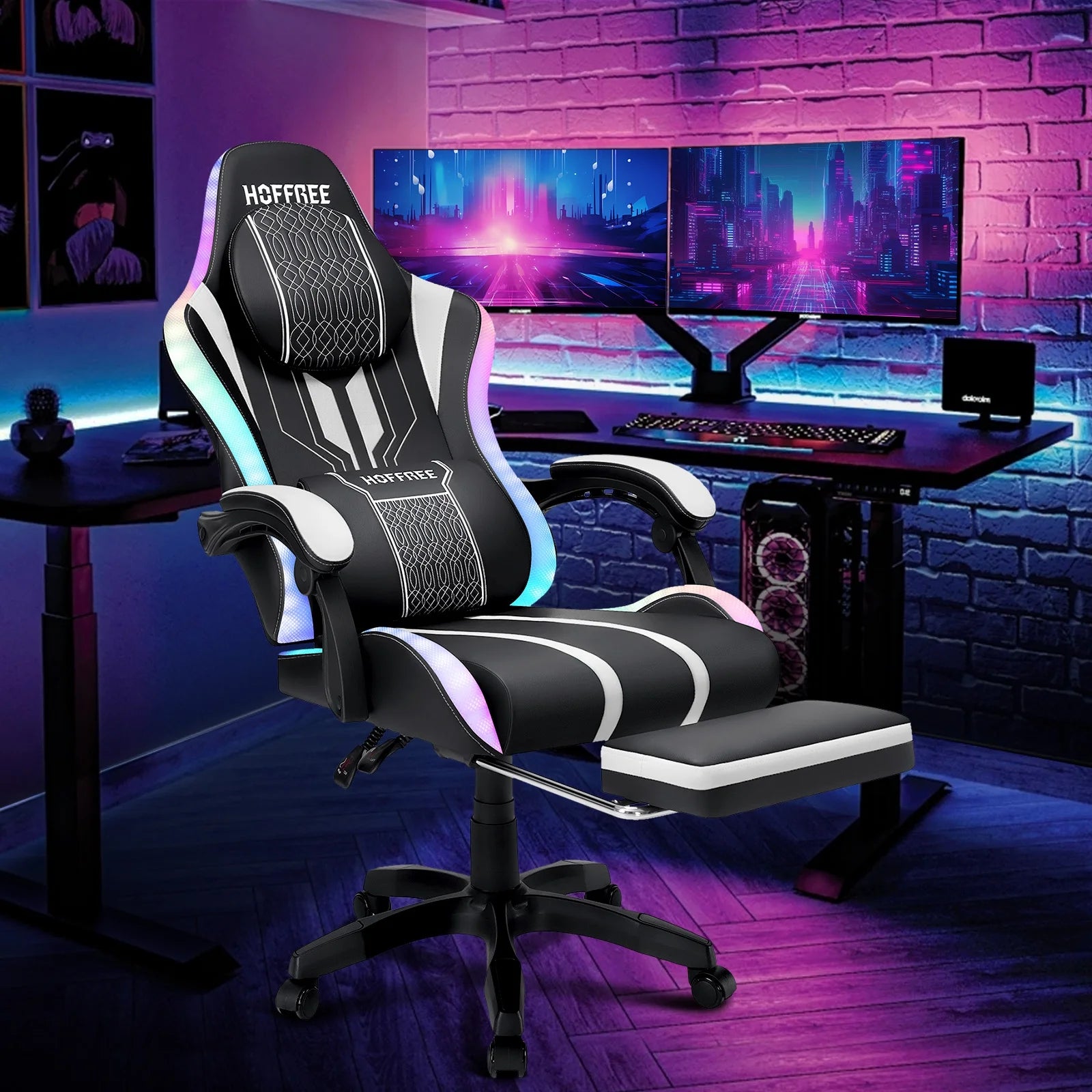 HOFFREE Big and Tall Gaming Chair with Speakers and RGB Lights. Gamer Chair with Footrest. Lumbar Support Height Adjustable 360-Swivel Seat and Headrest for Adults. 400lbs