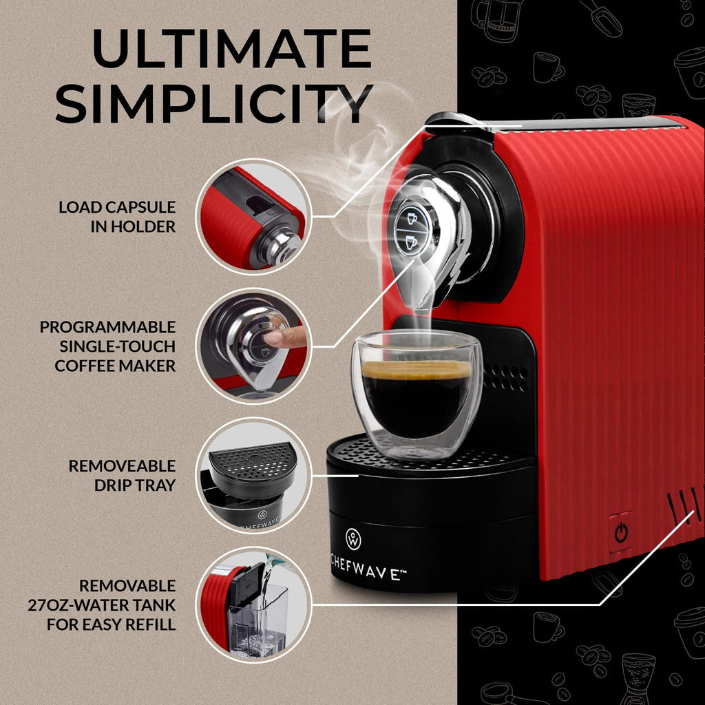 ChefWave Espresso Machine for use with Nespresso Capsules (Red). Holder and Cups