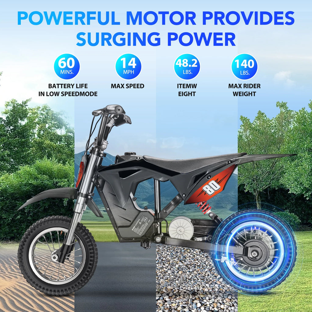 36V Kids Electric Dirt Bike.Fast Speed Electric Motorcycle Up to 16 MPH & 10 Miles Long-Range. 3-Speed Modes. Twist Grip Throttle. Dual Suspension & Brakes for Kids Ages 5-10 Ride on Toys