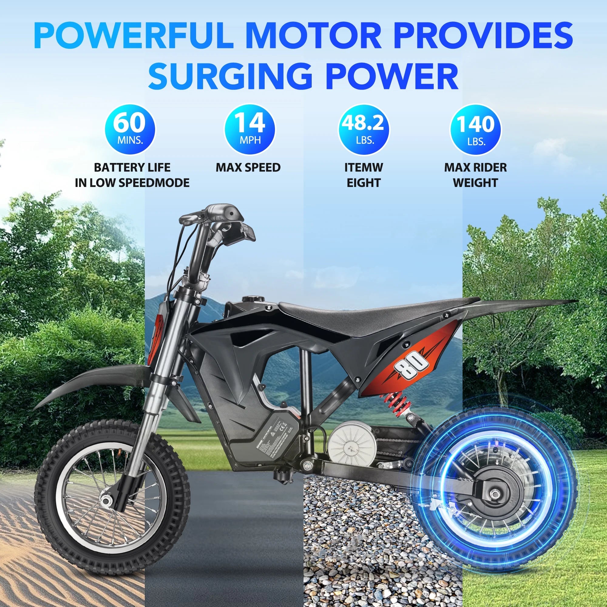 36V Kids Electric Dirt Bike.Fast Speed Electric Motorcycle Up to 16 MPH & 10 Miles Long-Range. 3-Speed Modes. Twist Grip Throttle. Dual Suspension & Brakes for Kids Ages 5-10 Ride on Toys