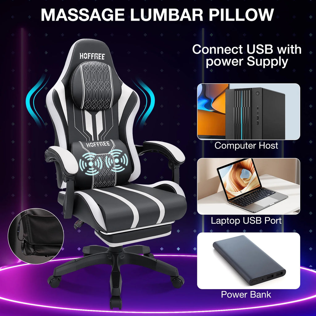 HOFFREE Big and Tall Gaming Chair with Speakers and RGB Lights. Gamer Chair with Footrest. Lumbar Support Height Adjustable 360-Swivel Seat and Headrest for Adults. 400lbs