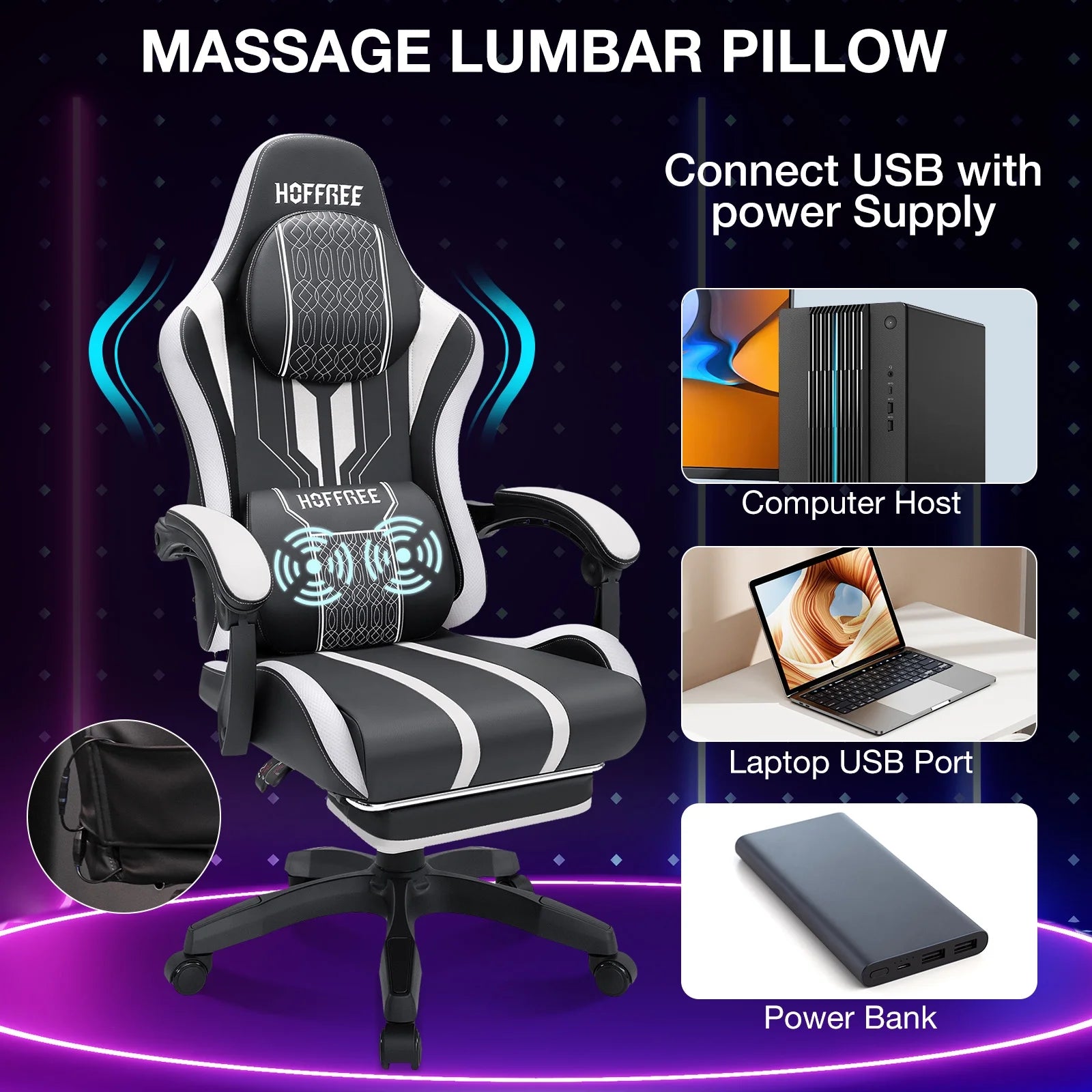 HOFFREE Big and Tall Gaming Chair with Speakers and RGB Lights. Gamer Chair with Footrest. Lumbar Support Height Adjustable 360-Swivel Seat and Headrest for Adults. 400lbs