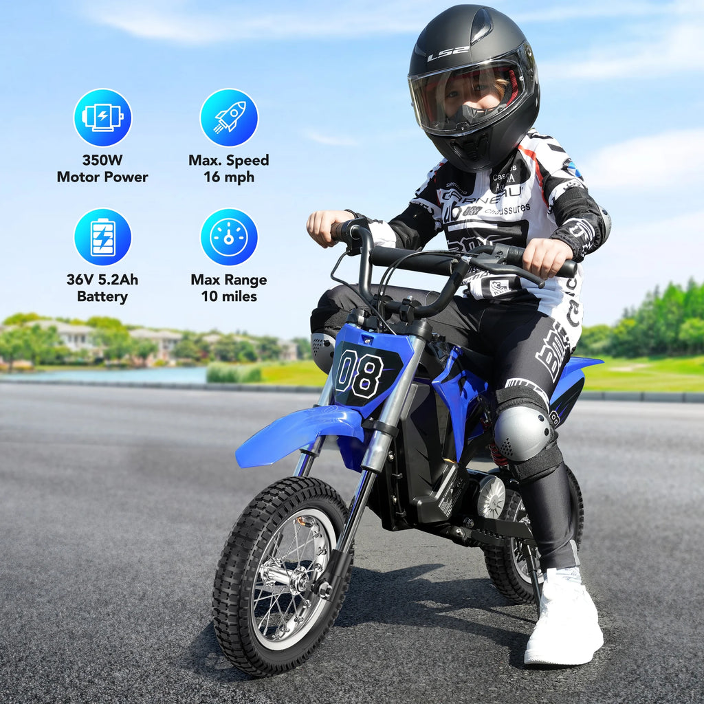 36V Kids Electric Dirt Bike.Fast Speed Electric Motorcycle Up to 16 MPH & 10 Miles Long-Range. 3-Speed Modes. Twist Grip Throttle. Dual Suspension & Brakes for Kids Ages 5-10 Ride on Toys