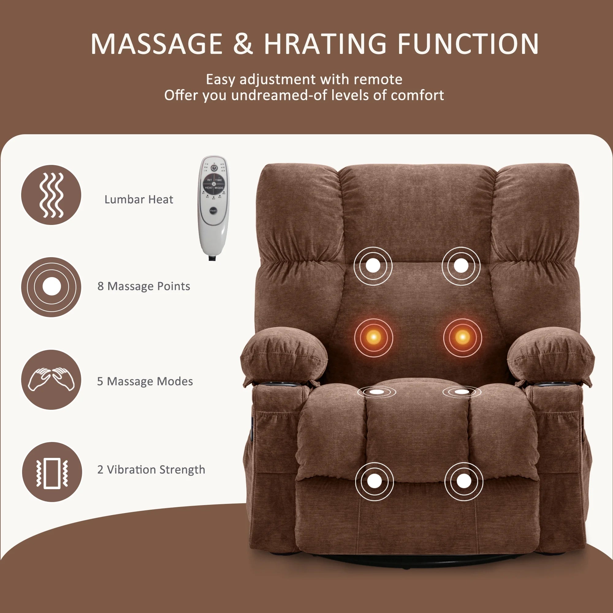 JONPONY Manual Recliner Chair with Heat Therapy and Massage Function. Heavy Duty Reclining Mechanism Massage Chair. Elderly Single Rocker Sofa with Cup Holders for Bedroom Home Theater.Grey