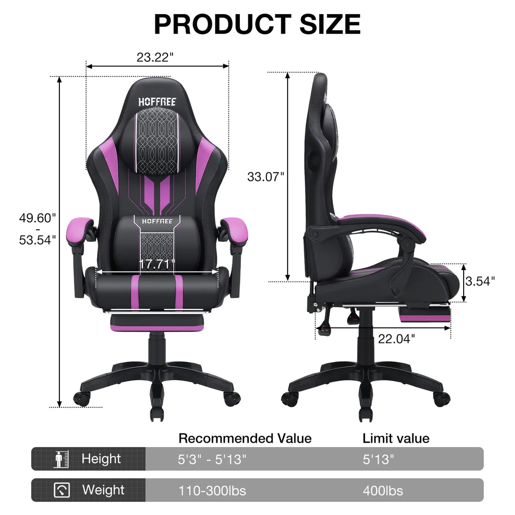 HOFFREE Big and Tall Gaming Chair with Speakers and RGB Lights. Gamer Chair with Footrest. Lumbar Support Height Adjustable 360-Swivel Seat and Headrest for Adults. 400lbs