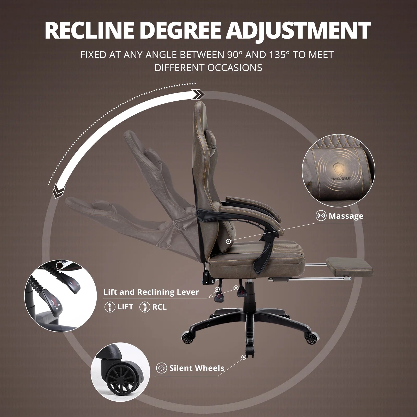 Dowinx Gaming Chair Breathable PU Leather Gamer Chair with Pocket Spring Cushion. Ergonomic Computer Chair with Massage Lumbar Support.Adjustable Swivel Task Chair with Footrest(Brown)
