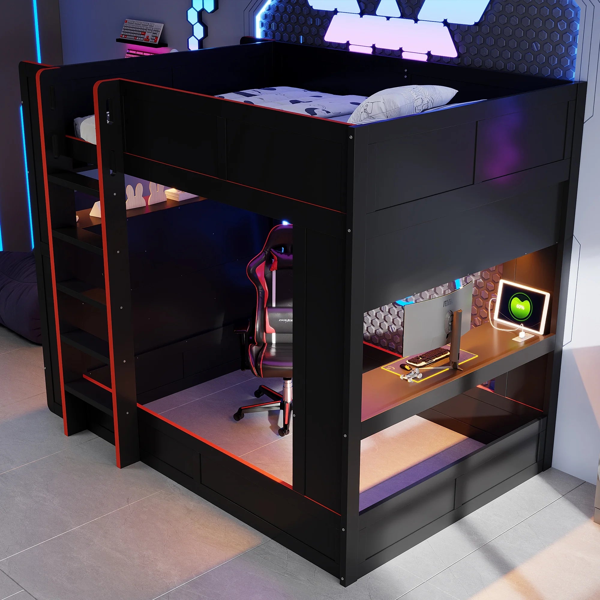 Euroco Wood Full Size Loft Bed with Desk and Shelves. Gaming Bunk Bed with LED Light and USB Charging. Black
