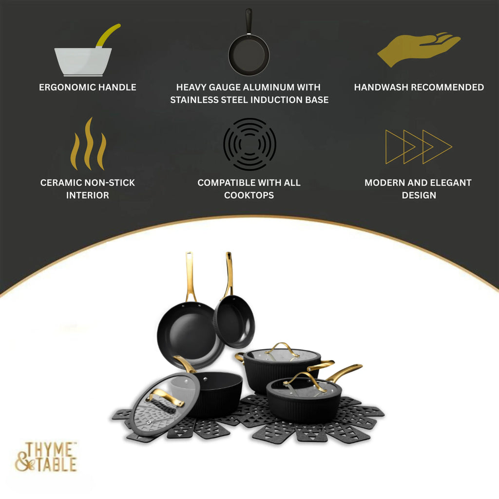 Thyme & Table 12-Piece Nonstick Signature Ribbed Cookware Set. Pots and Pans Set - Black & Gold