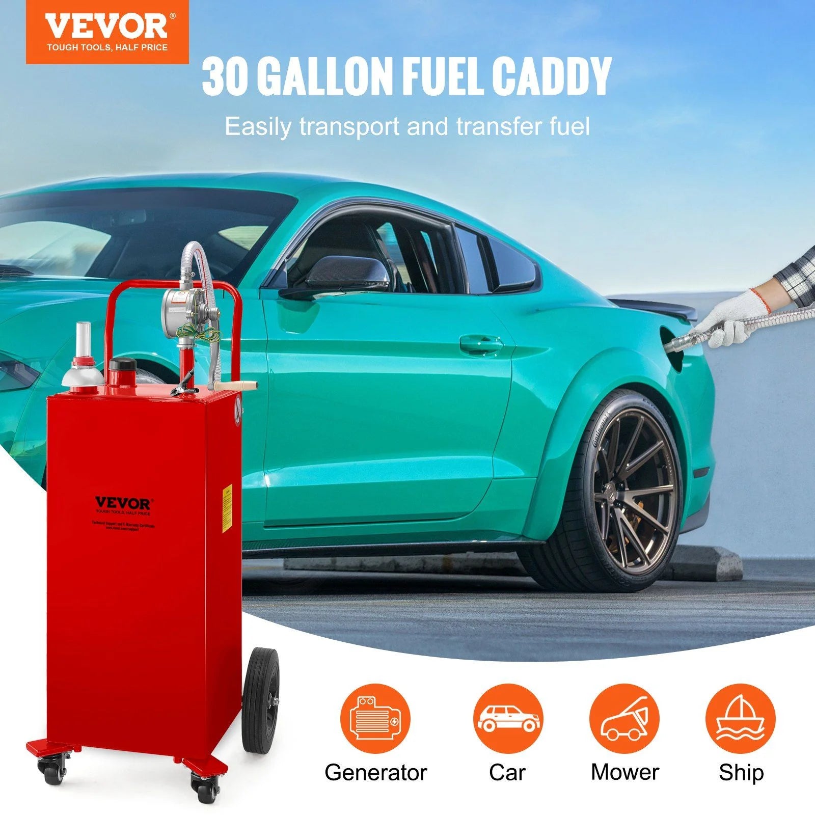 VEVOR 30 Gallon Fuel Caddy. Gas Storage Tank & 4 Wheels. with Manuel Transfer Pump. Gasoline Diesel Fuel Container for Cars. Lawn Mowers. ATVs. Boats. More. Red