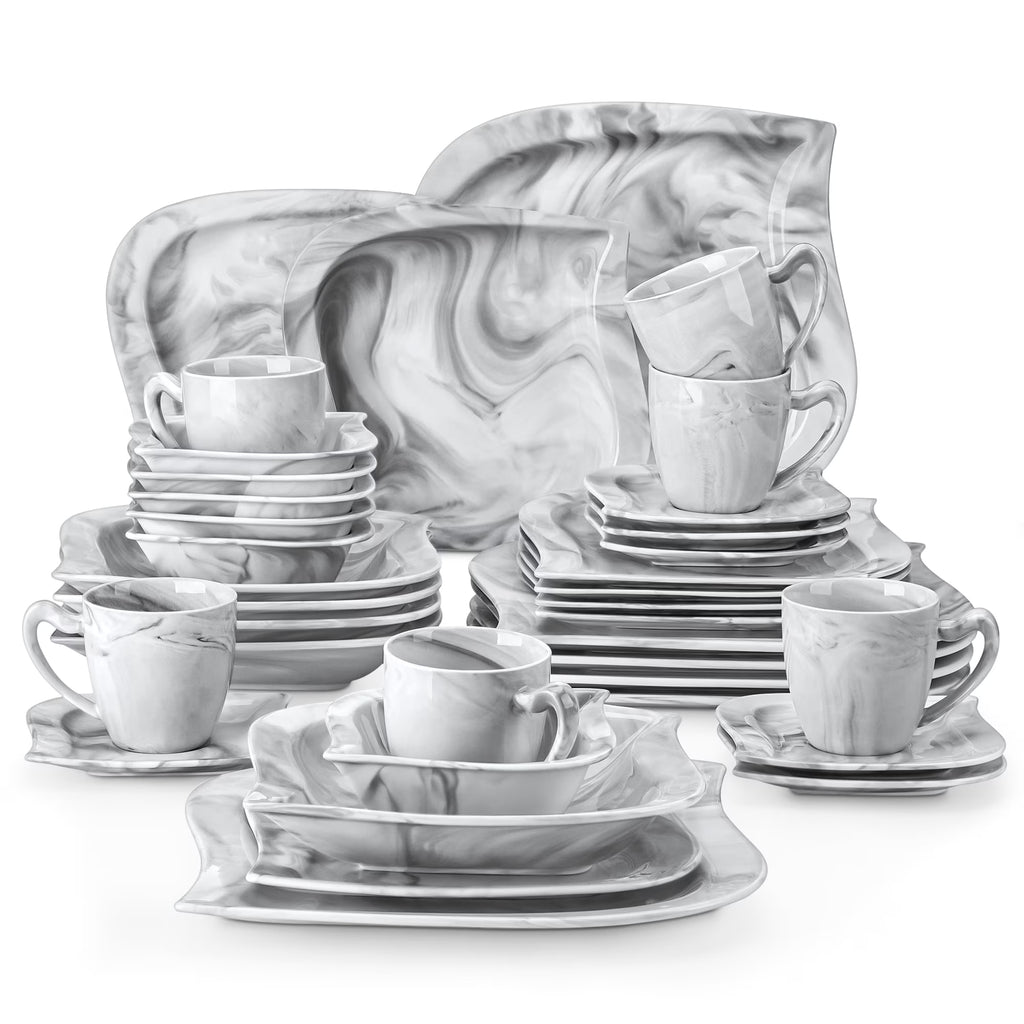 vancasso 36 pcs Dinnerware Sets. Plates and Bowls Set for 6. Porcelain Dinner Set. Marble Gray