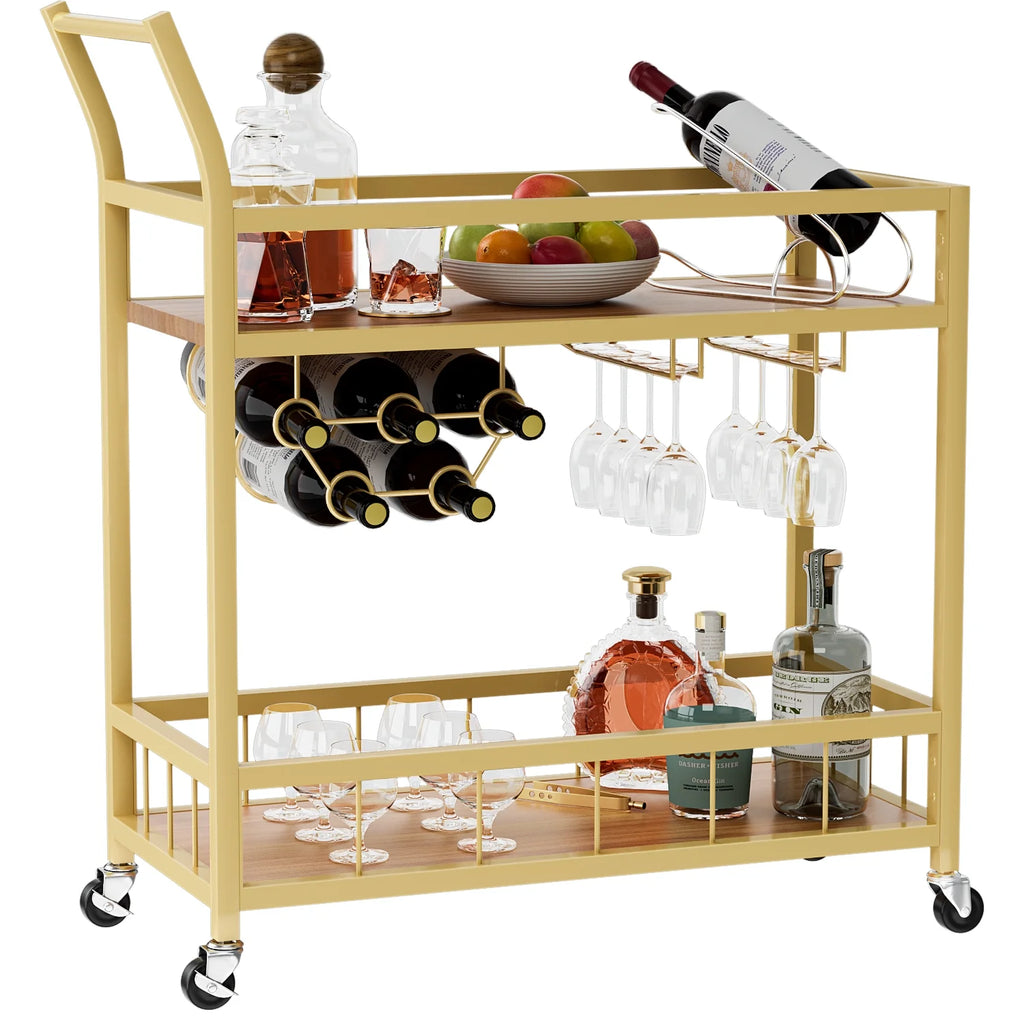 Vineego Bar Cart Home Industrial Mobile Bar Cart Serving Wine Cart on Wheels with Wine Rack and Glass Holder 2 Wood Storage Shelves for Living Room. Kitchen. Party (Gold)