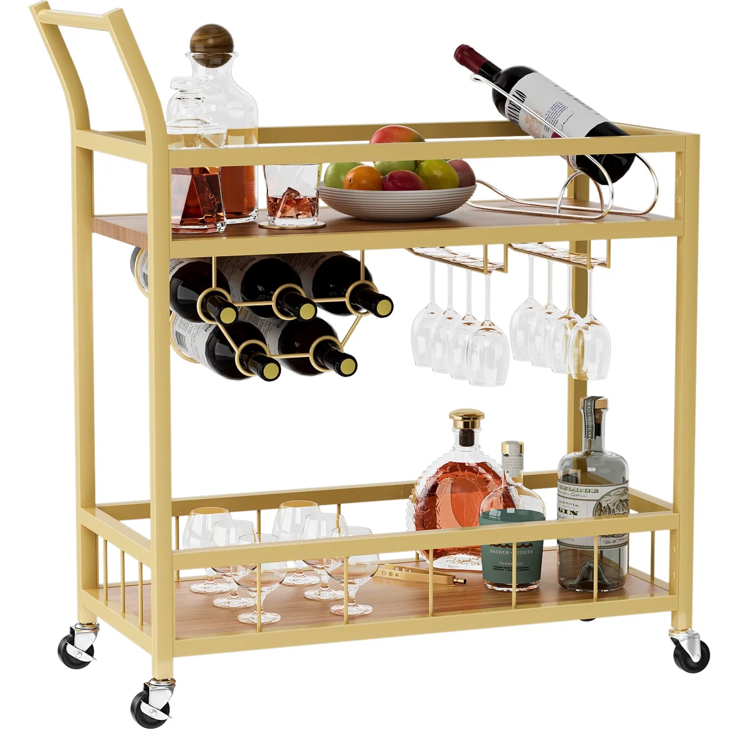Vineego Bar Cart Home Industrial Mobile Bar Cart Serving Wine Cart on Wheels with Wine Rack and Glass Holder 2 Wood Storage Shelves for Living Room. Kitchen. Party (Gold)