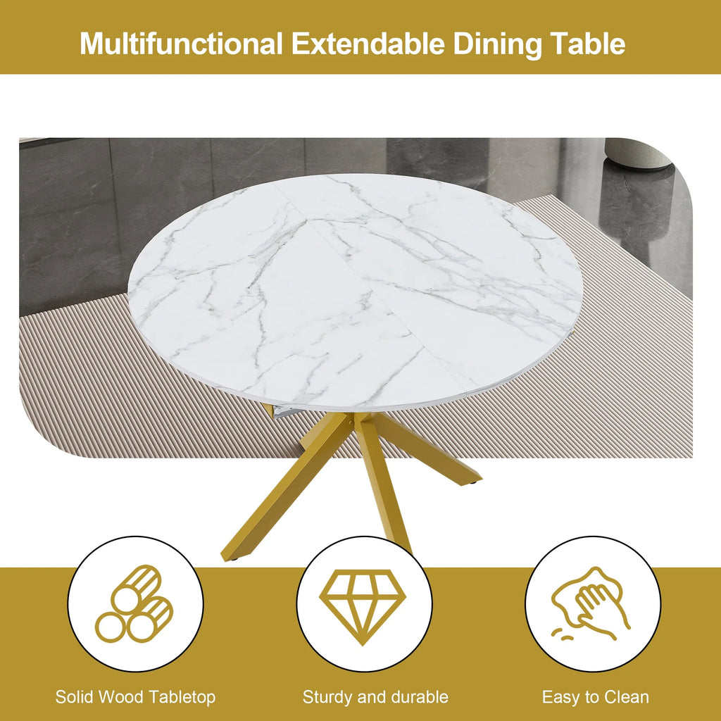 UHOMEPRO Extendable Dining Table with Extendable Blades. Modern Round Kitchen Table with Faux Marble Tabletop. Single Dining Room Table with Carbon Steel X-shaped Base for Dining Room. White+Gold