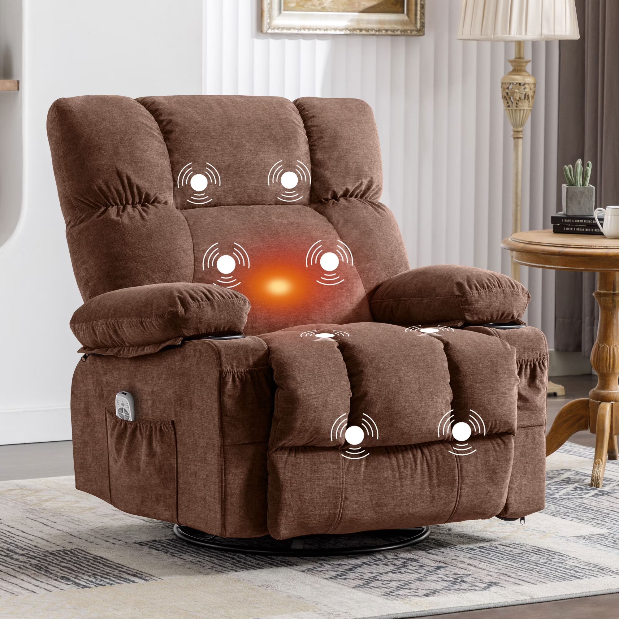 JONPONY Manual Recliner Chair with Heat Therapy and Massage Function. Heavy Duty Reclining Mechanism Massage Chair. Elderly Single Rocker Sofa with Cup Holders for Bedroom Home Theater.Grey
