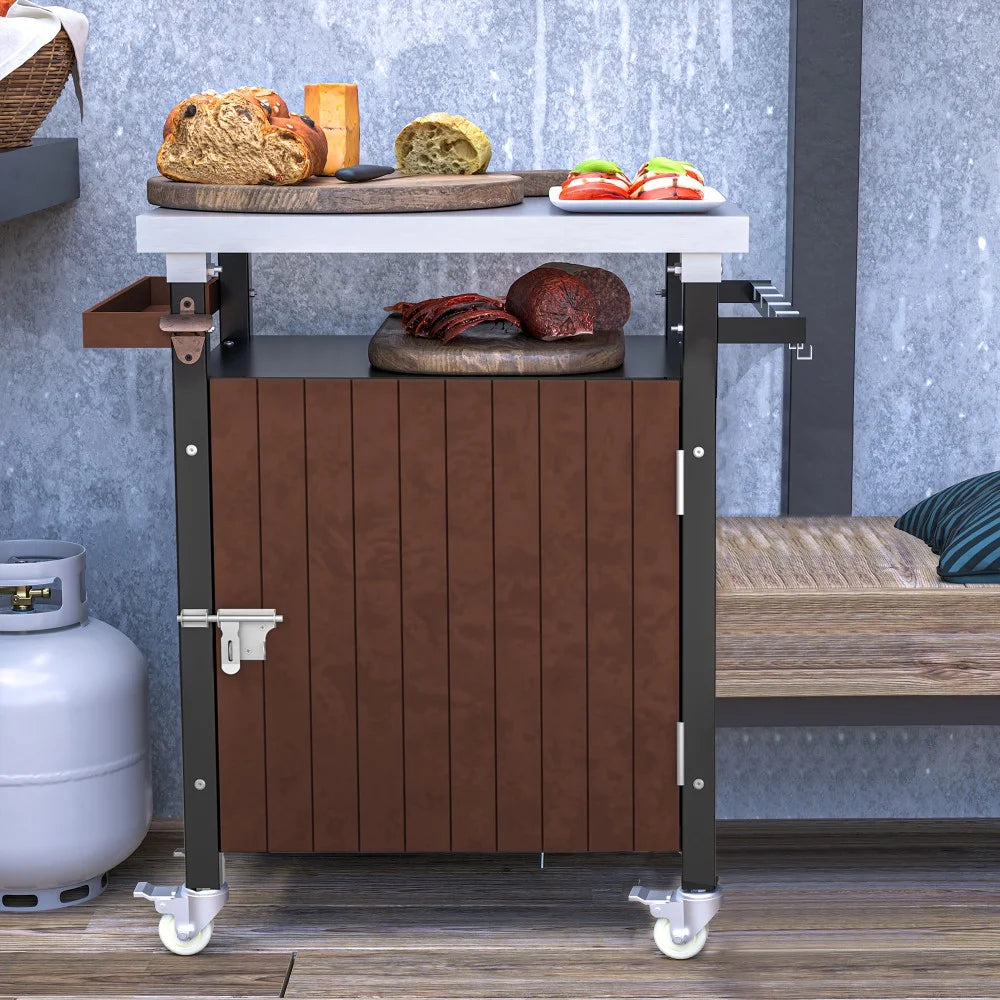 IVV BBQ Grill Storage Cart/Bin. Outdoor Storage Cabinet on Wheels. Metal Kitchen Dining Table Cooking Prep Table with Wheels. Hooks. and Spice Rack. for Patio Island Home Party Bar (Brown)