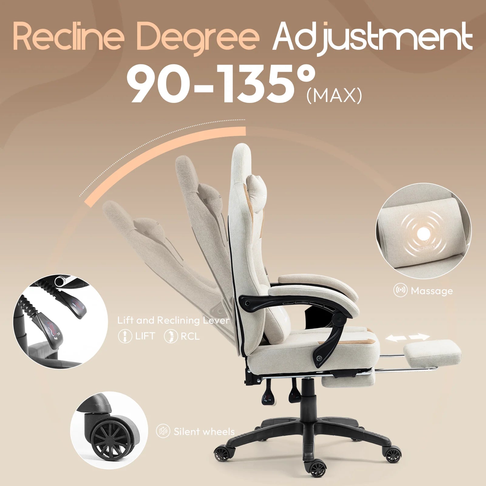 GOOSEA Fabric Gaming Chair with Pocket Spring Cushion. Breathable Computer Chair with Massage Lumbar Support and Footrest. High Back Office Chair for Adults. 300lbs. Grey