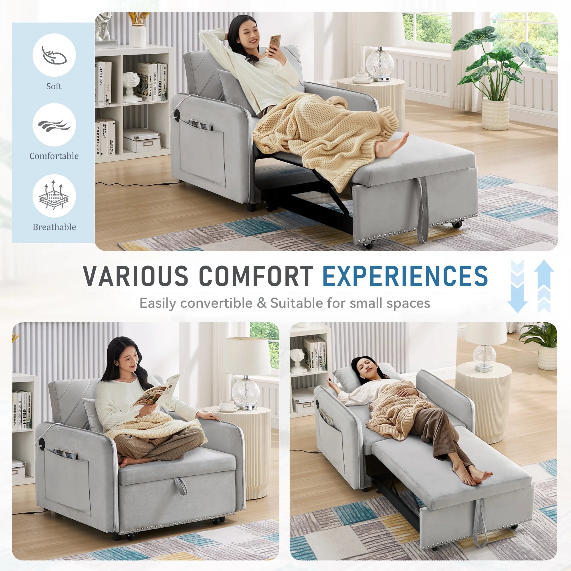 Lunale 3-in-1 Convertible Sleeper Chair Bed. Indoor Lounge Chair with USB/Type-C Charging Ports. Modern Recliner Sofa for Living Room. Gray Velvet