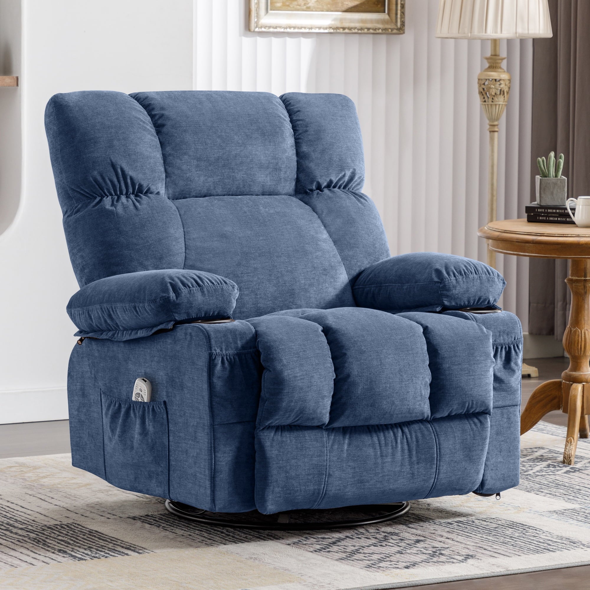 JONPONY Manual Recliner Chair with Heat Therapy and Massage Function. Heavy Duty Reclining Mechanism Massage Chair. Elderly Single Rocker Sofa with Cup Holders for Bedroom Home Theater.Grey