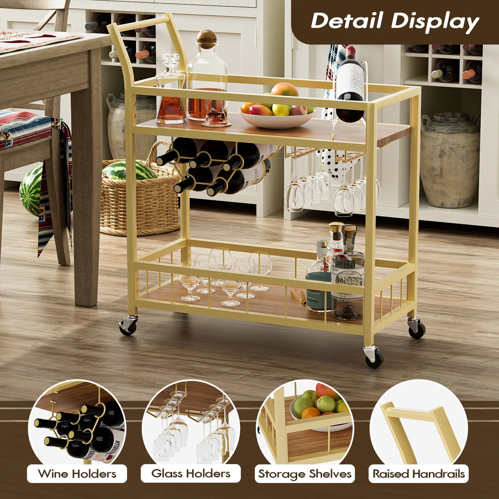 Vineego Bar Cart Home Industrial Mobile Bar Cart Serving Wine Cart on Wheels with Wine Rack and Glass Holder 2 Wood Storage Shelves for Living Room. Kitchen. Party (Gold)
