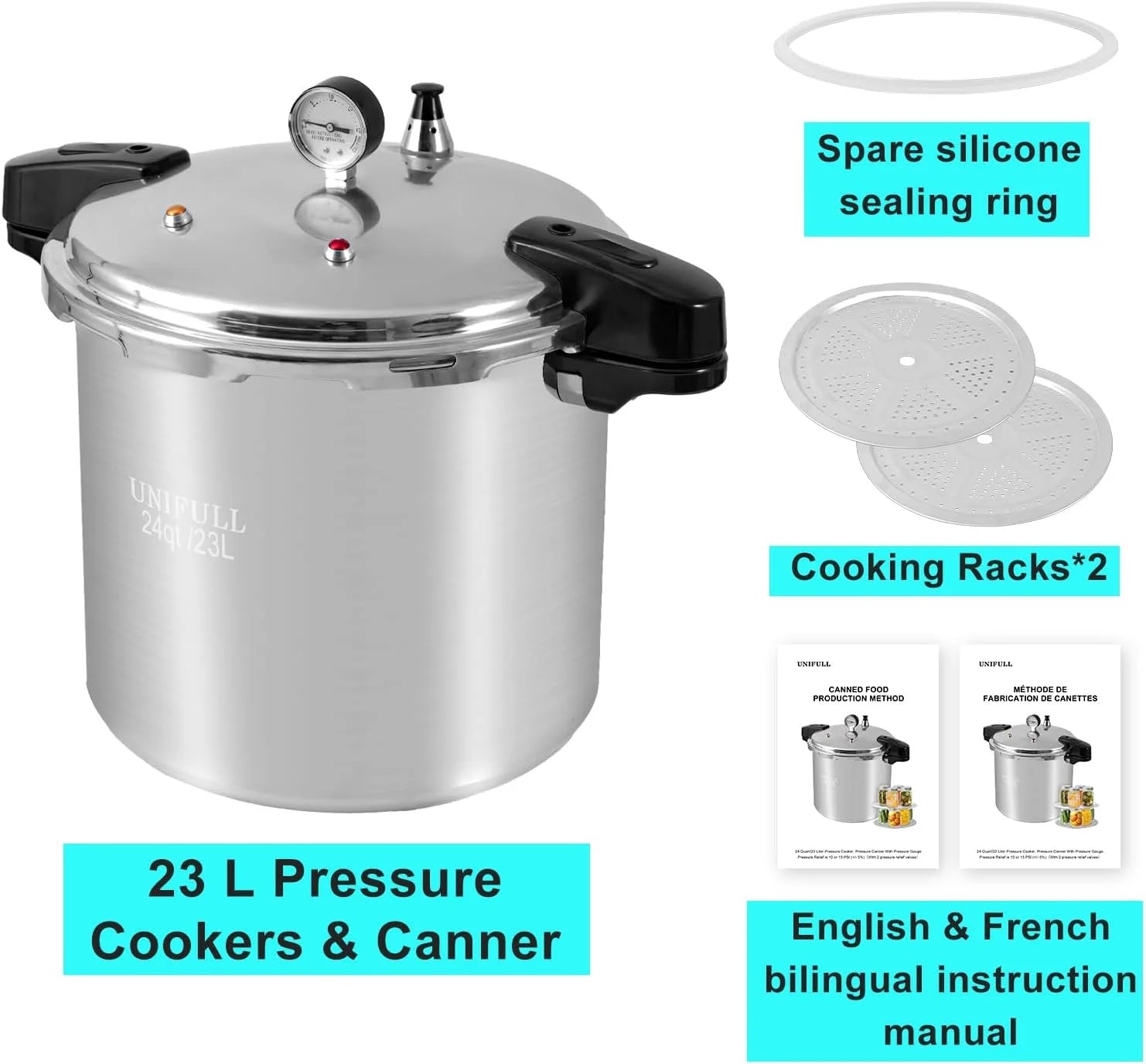 UNIFULL 24 Quart/23 Liter Pressure Cooker.Pressure Canner with Pressure Gauge.Pressure Relief Valve - 15 PSI.and Sealing Ring