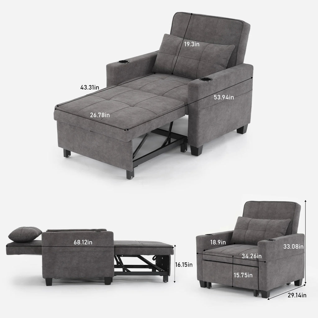 Convertible Futon Sofa Bed. 3-in-1 Multi-Functional Sleeper Chair Bed with USB Ports. Adjustable Backrest Recliner.for Living Room Bedroom Small Space. Tech Cloth. Dark Grey