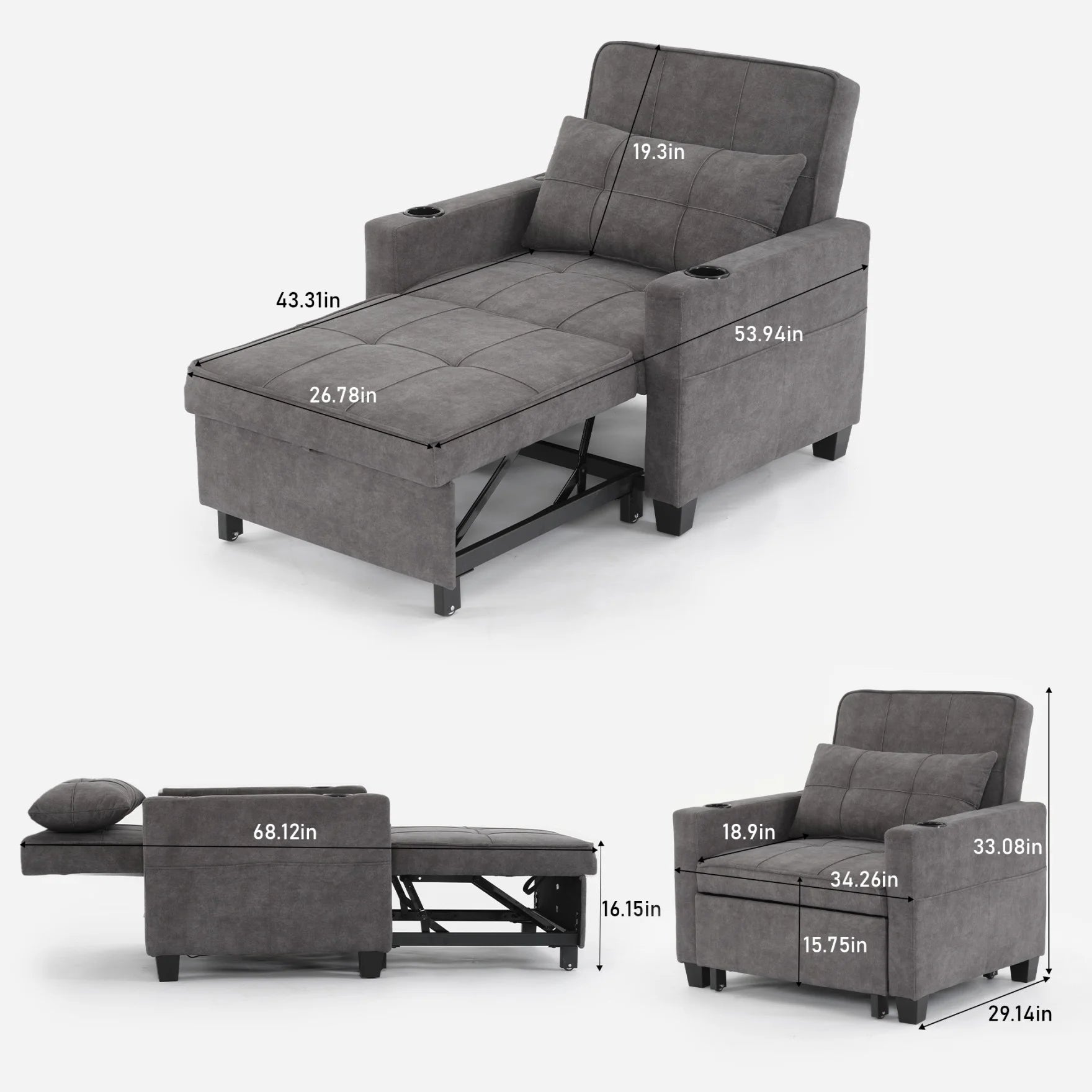 Convertible Futon Sofa Bed. 3-in-1 Multi-Functional Sleeper Chair Bed with USB Ports. Adjustable Backrest Recliner.for Living Room Bedroom Small Space. Tech Cloth. Dark Grey