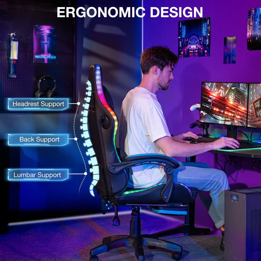 HOFFREE Big and Tall Gaming Chair with Speakers and RGB Lights. Gamer Chair with Footrest. Lumbar Support Height Adjustable 360-Swivel Seat and Headrest for Adults. 400lbs