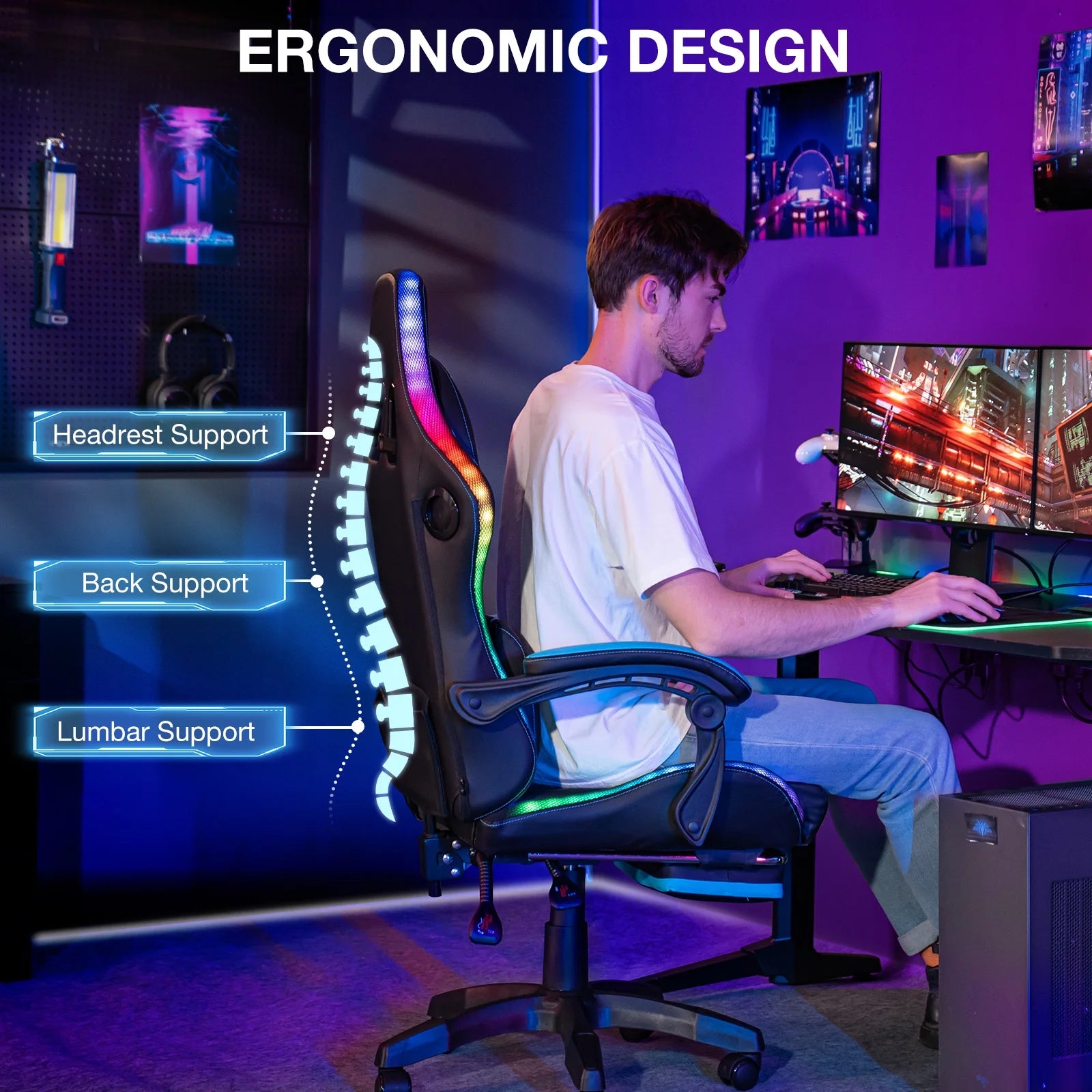 HOFFREE Big and Tall Gaming Chair with Speakers and RGB Lights. Gamer Chair with Footrest. Lumbar Support Height Adjustable 360-Swivel Seat and Headrest for Adults. 400lbs