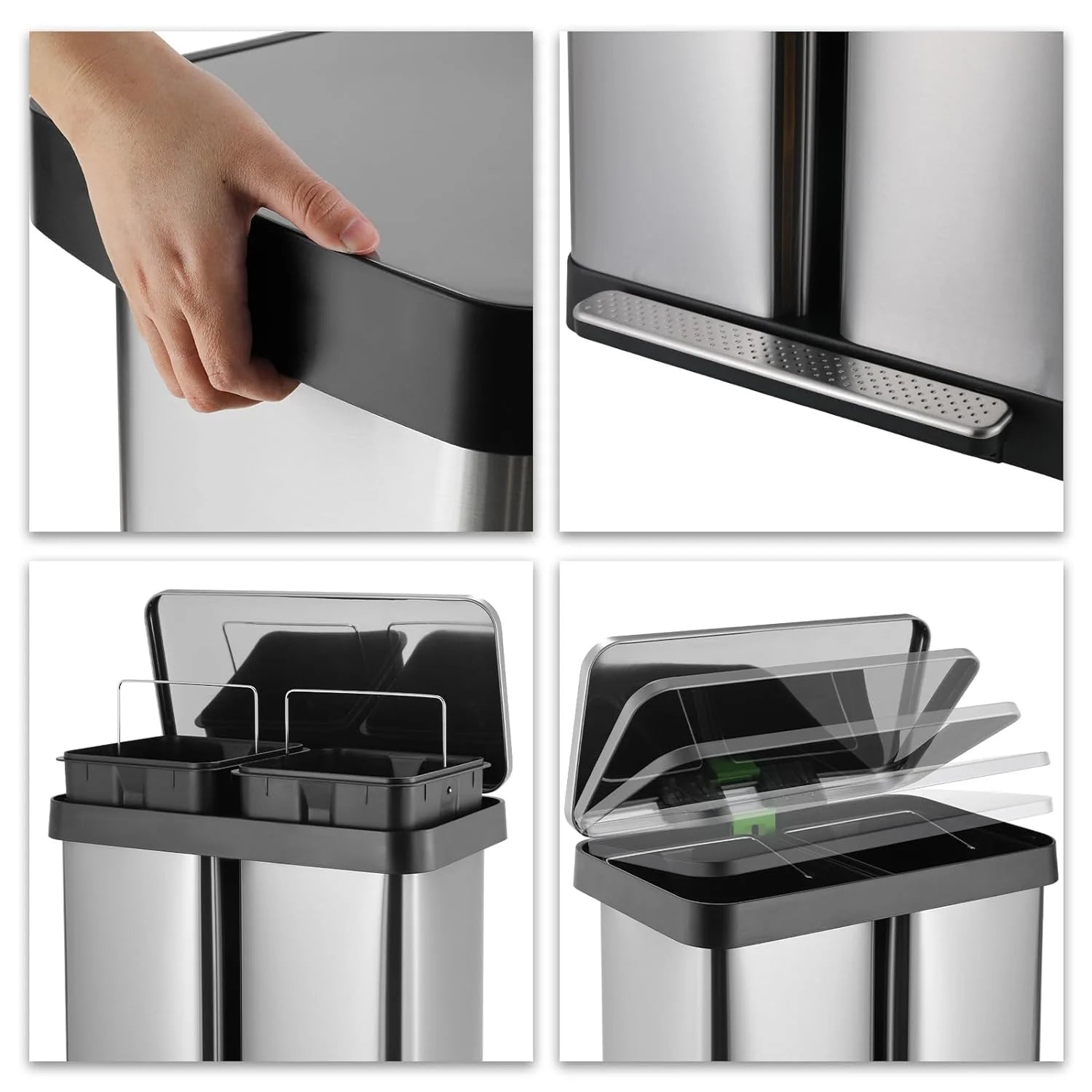 Arlopu 16 Gallon / 60L Dual Trash Can. Stainless Steel Kitchen Garbage Can with Soft-Close Lid. Home Office Classified Recycle Bin