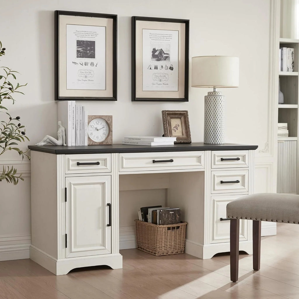 T4TREAM Farmhouse Wood 58 Executive Desk. Home Office 30 High Computer Desk with Drawers and Storage Cabinet. White