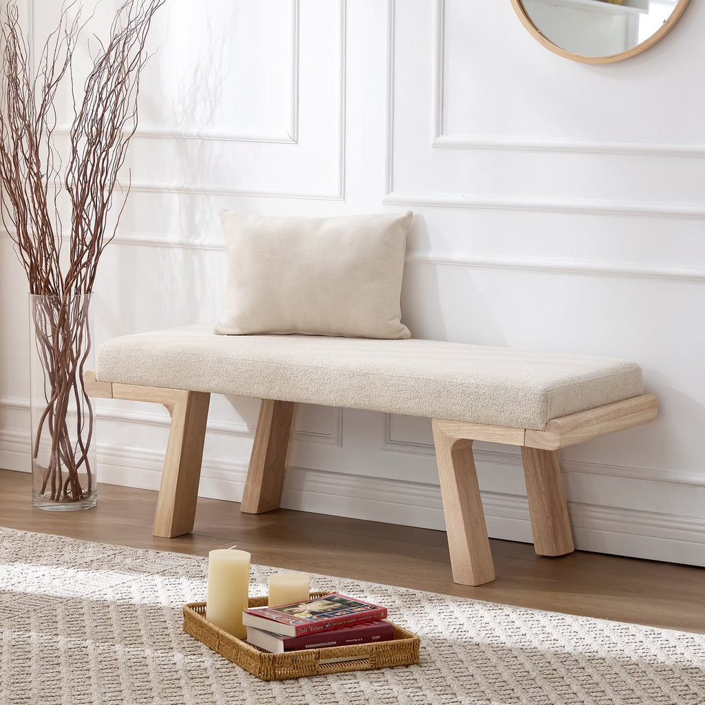 Zesthouse 47.4 Linen Upholstered Bench. Entryway Bench with Solid Wood Legs. Modern Ottoman Bench for Living Bedroom Room. Beige