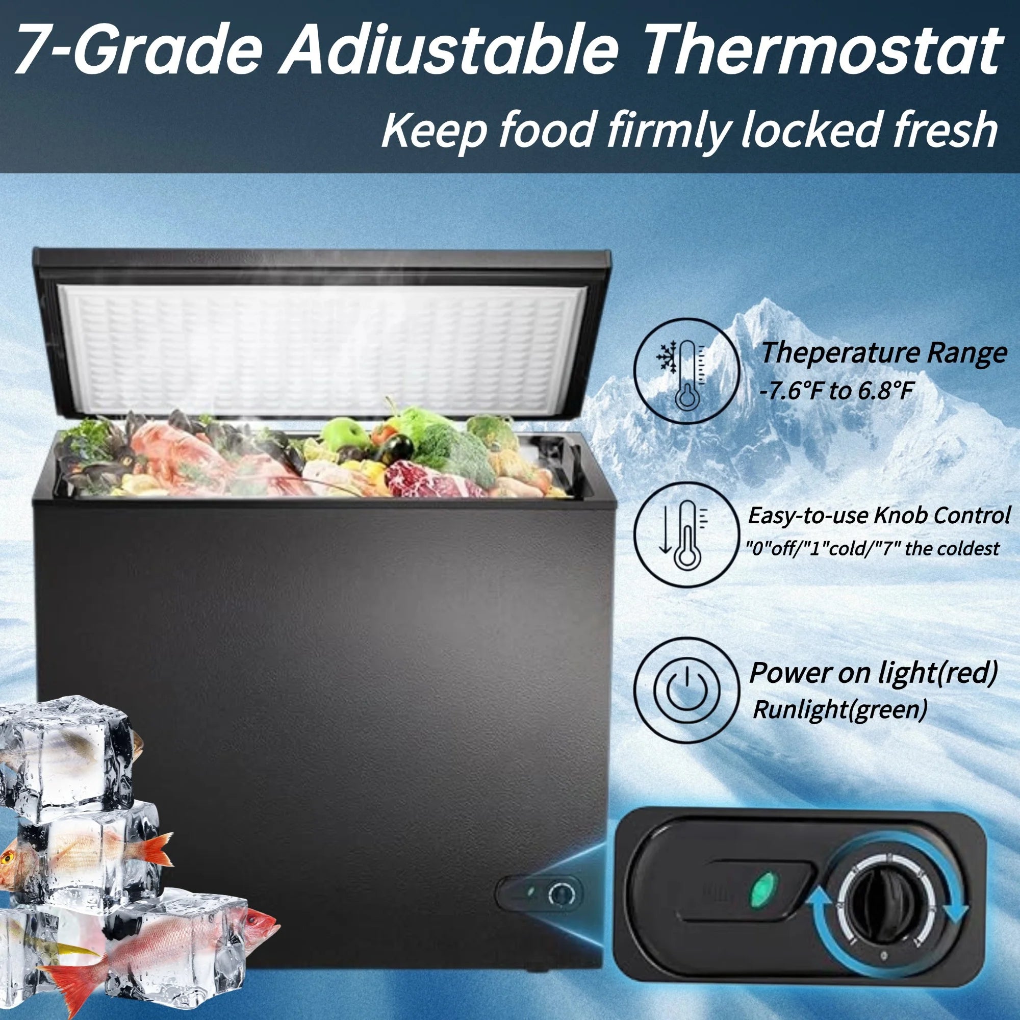 Auseo 8.7 cu. ft. Chest Deep Freezer with Adjustable Temperature. Free Standing Top Open Door Compact Freezer with 3 Removable Basket for Kitchen. Home. Bar. Garage. Office