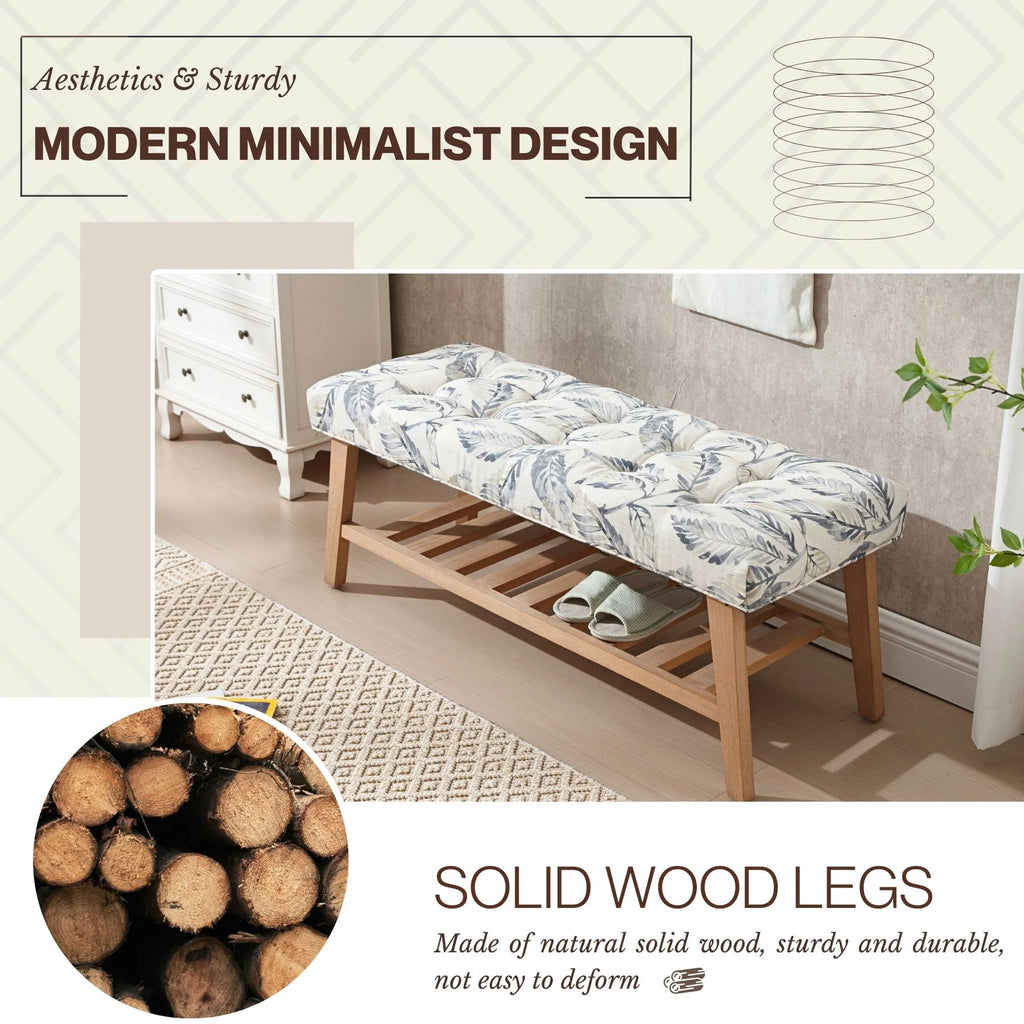 Dayalane Upholstered Storage Bench with Shoe Rack.Linen Fabric Entryway Bench for Living Room. Bedroom and Hallway. Multi Functional Ottoman with Solid Wood Shelf. Beige