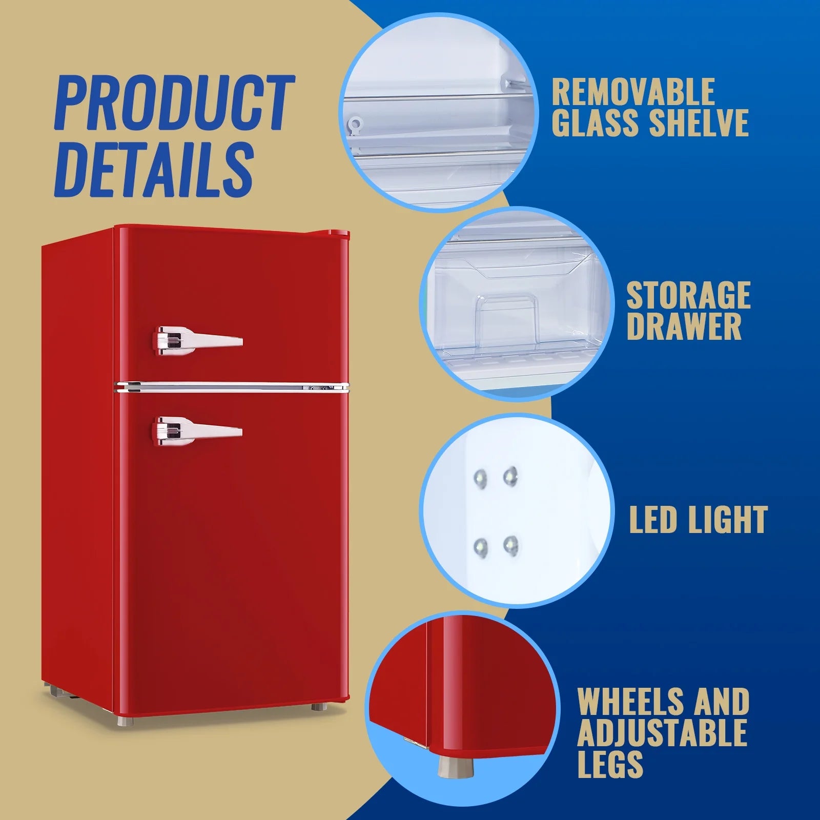 Tacool 3.5 Cu.ft Retro Mini Fridge with Freezer. 2 Door Small Refrigerator with 7 Adjustable Thermostat for Home. Blue