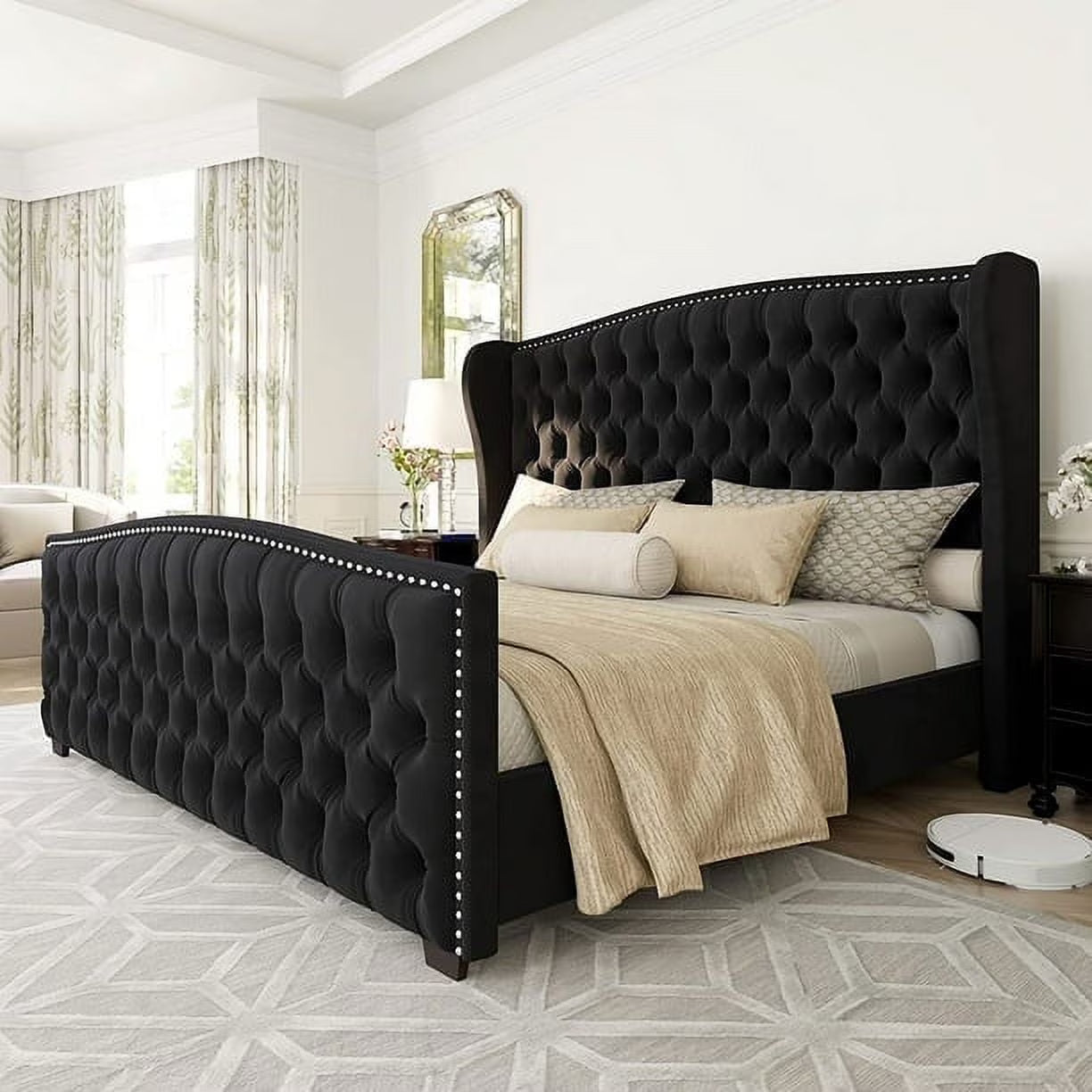 VANACC Queen Size Bed Frame. Velvet Upholstered Bed with Deep Button Tufted Wingback Headboard��Grey